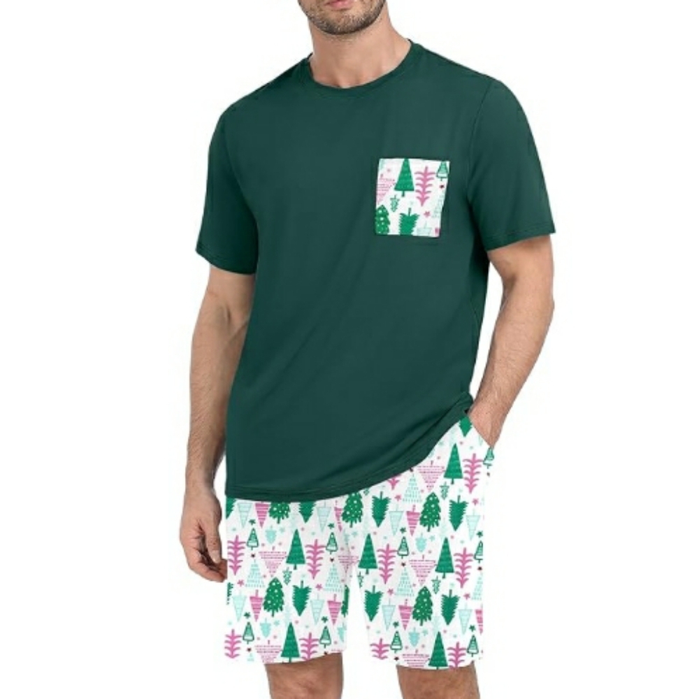 Men's Pajama Set Sleepwear Lightweight Short Sleeve Green /White